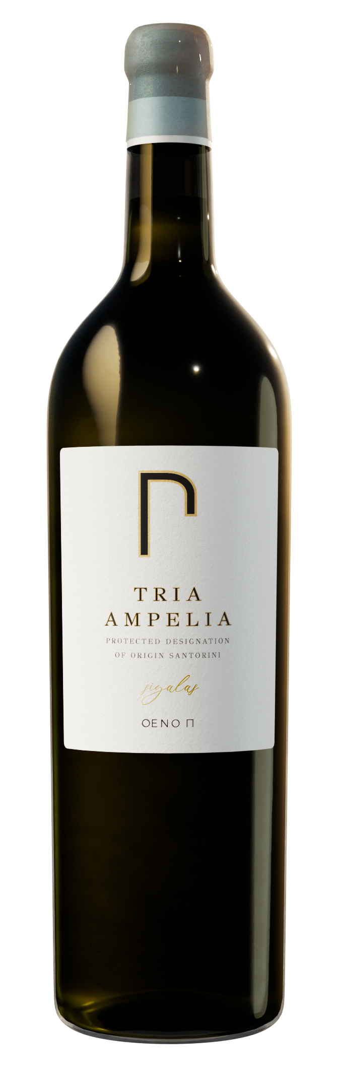 Tria Ampelia wine bottle — PDO Santorini Assyrtiko by OENO P