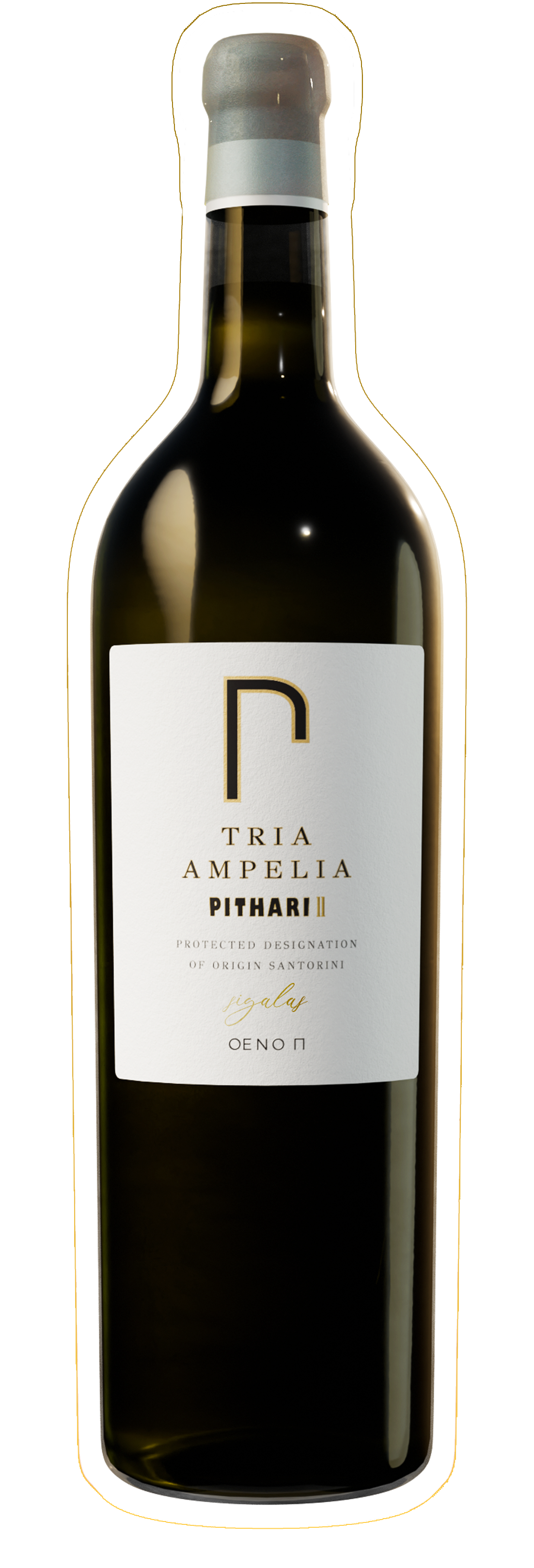 Tria Ampelia Pithari wine bottle — amphora-aged Assyrtiko by OENO P